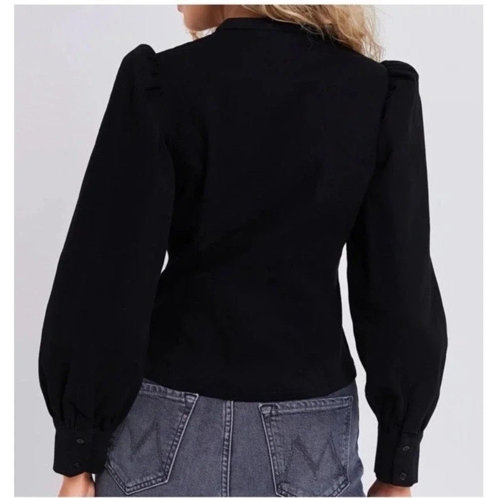 Tuckernuck Hyacinth House Black Denim Zip Anderson Blouse Puff Sleeve Sz Small S